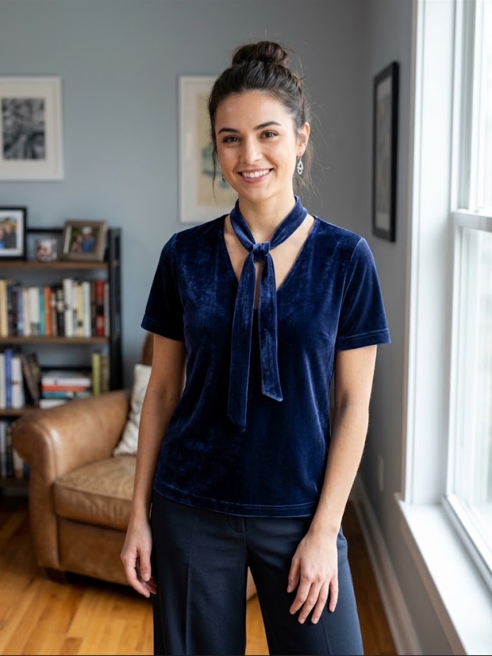 Madewell Velvet Tie-Neck Top in Nightfall Size M